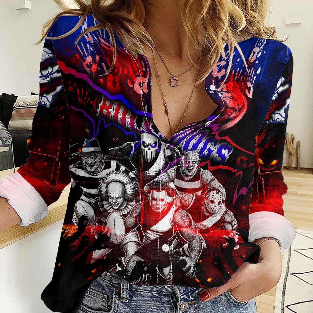 Step Into Horror Domain Bulldogs Football Women Casual Shirt Halloween Horror Movie Characters - Aussie Hoodie