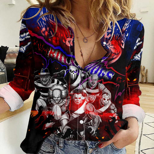 Step Into Horror Domain Bulldogs Football Women Casual Shirt Halloween Horror Movie Characters - Aussie Hoodie