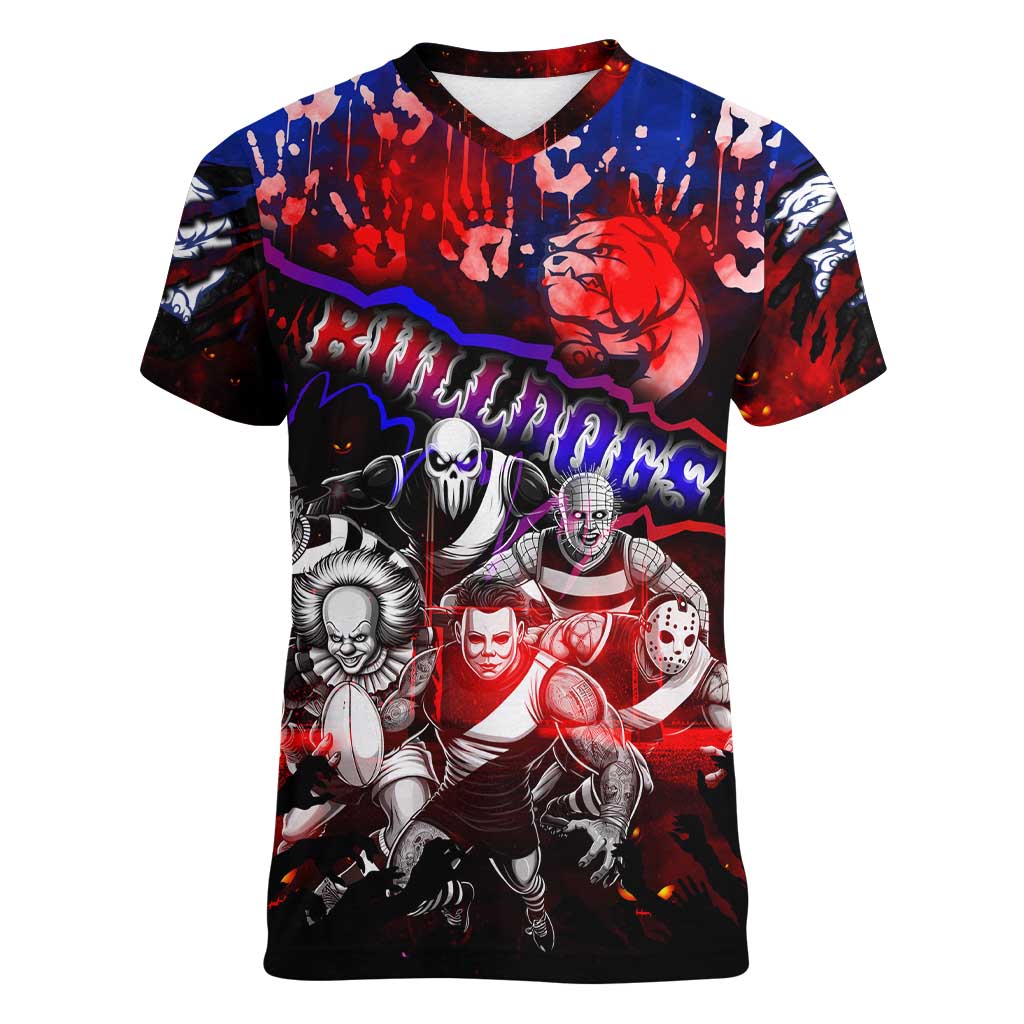 Step Into Horror Domain Bulldogs Football Women V-Neck T-Shirt Halloween Horror Movie Characters - Aussie Hoodie