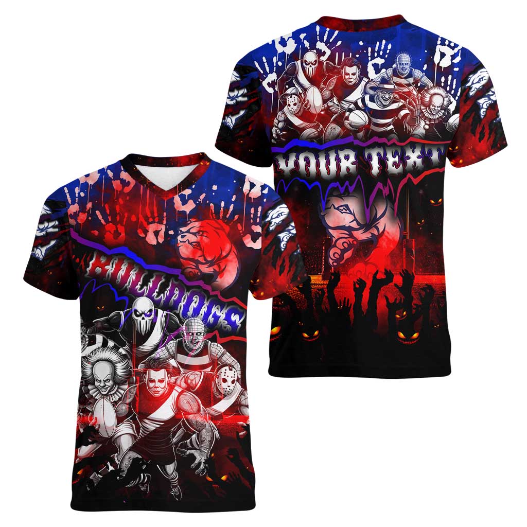 Step Into Horror Domain Bulldogs Football Women V-Neck T-Shirt Halloween Horror Movie Characters - Aussie Hoodie