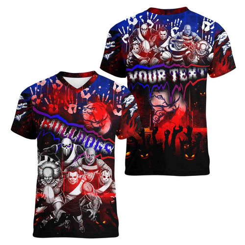 Step Into Horror Domain Bulldogs Football Women V-Neck T-Shirt Halloween Horror Movie Characters - Aussie Hoodie