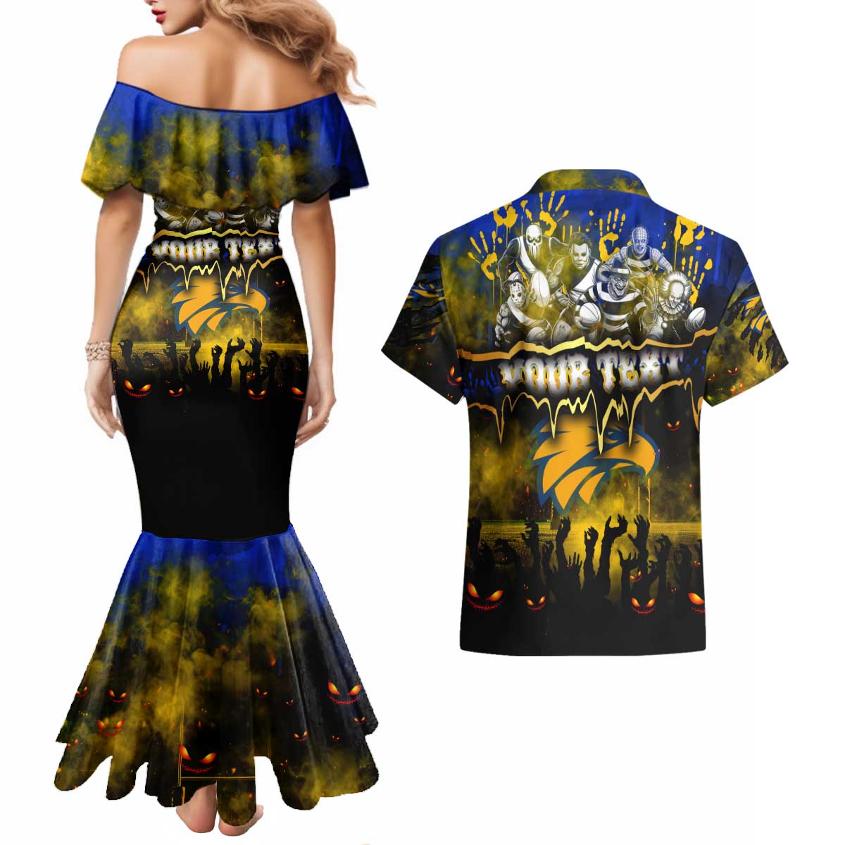 Step Into Horror Domain Eagles Football Couples Matching Mermaid Dress and Hawaiian Shirt Halloween Horror Movie Characters - Aussie Hoodie