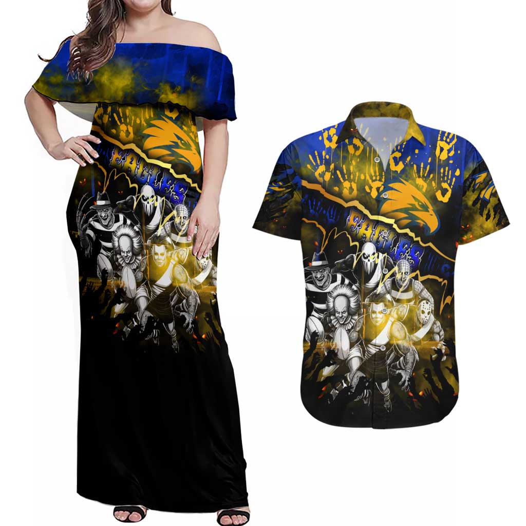 Step Into Horror Domain Eagles Football Couples Matching Off Shoulder Maxi Dress and Hawaiian Shirt Halloween Horror Movie Characters - Aussie Hoodie