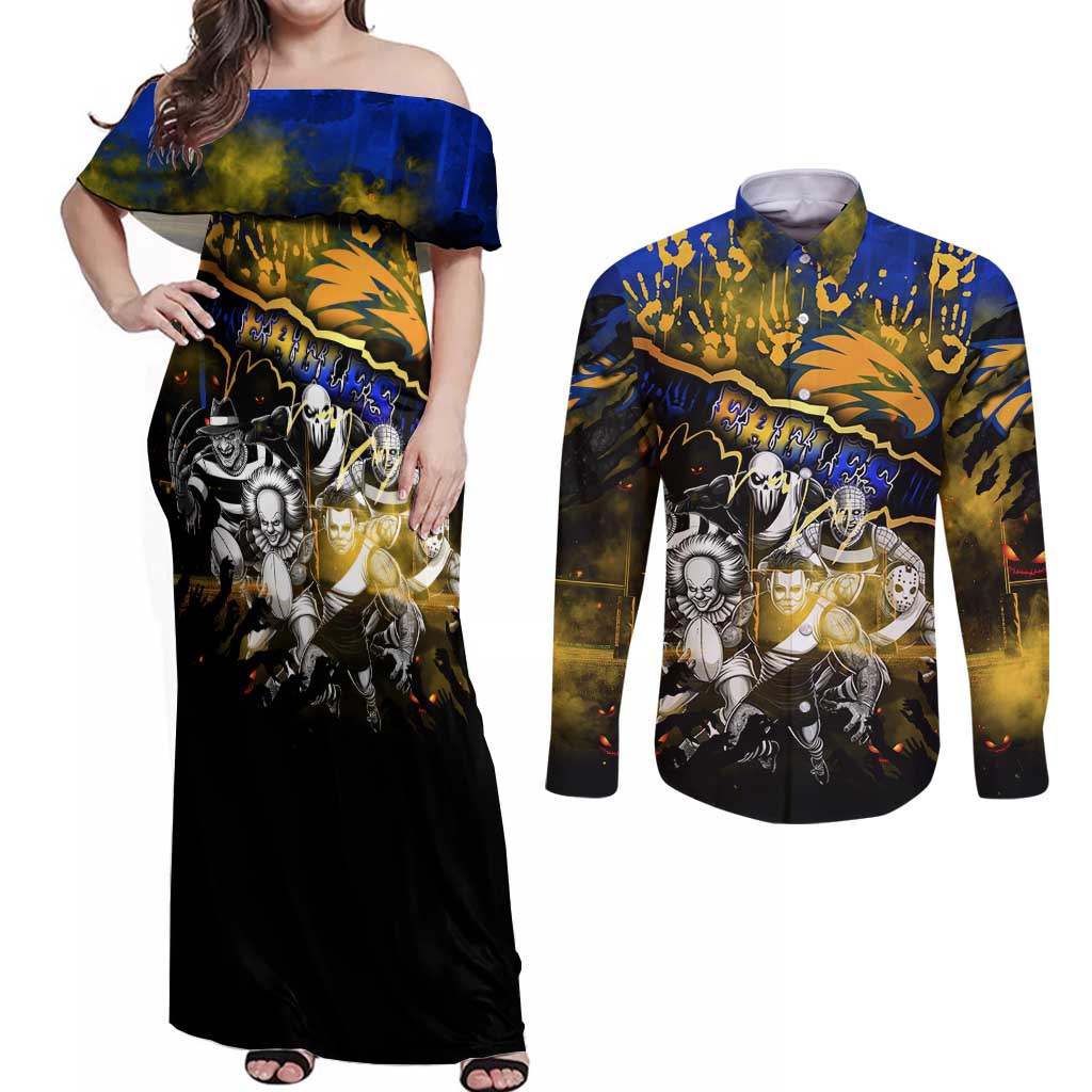 Step Into Horror Domain Eagles Football Couples Matching Off Shoulder Maxi Dress and Long Sleeve Button Shirt Halloween Horror Movie Characters - Aussie Hoodie