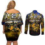 Step Into Horror Domain Eagles Football Couples Matching Off Shoulder Short Dress and Long Sleeve Button Shirt Halloween Horror Movie Characters - Aussie Hoodie