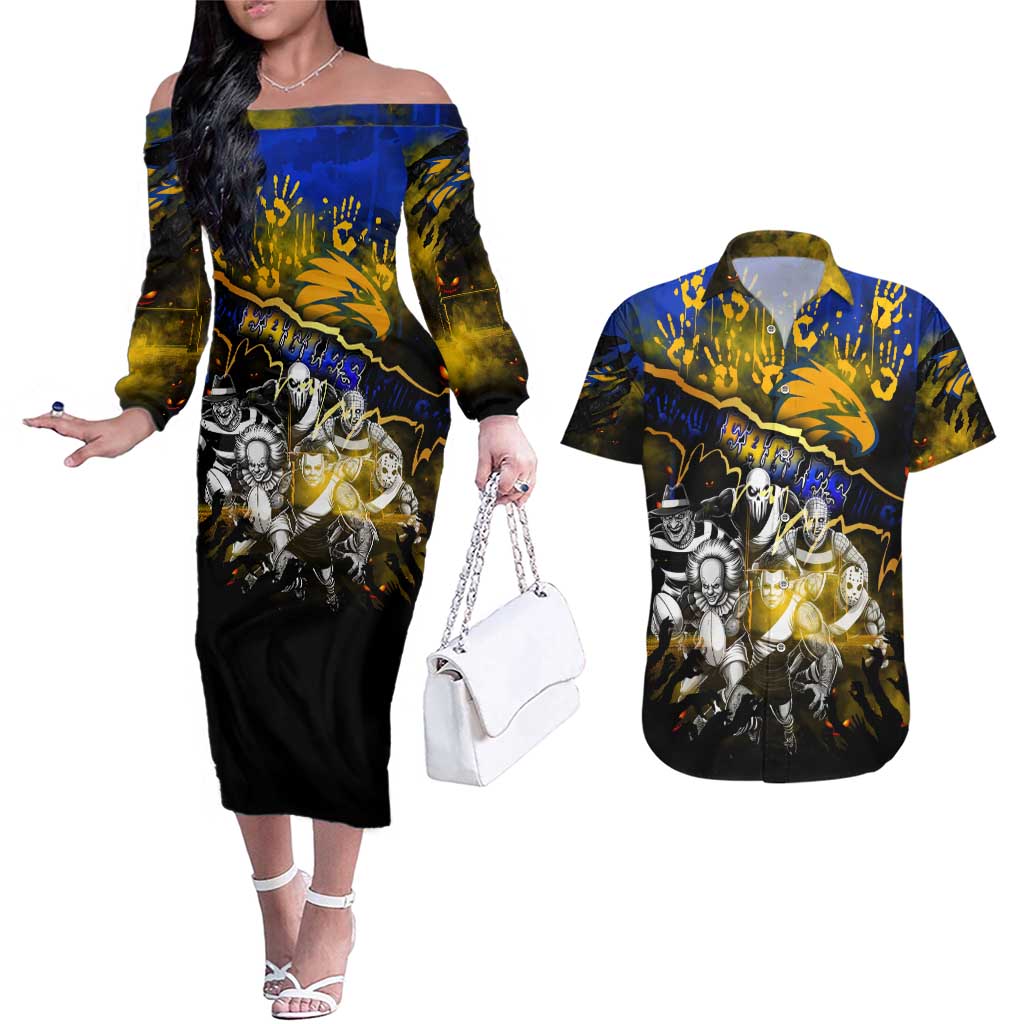 Step Into Horror Domain Eagles Football Couples Matching Off The Shoulder Long Sleeve Dress and Hawaiian Shirt Halloween Horror Movie Characters - Aussie Hoodie