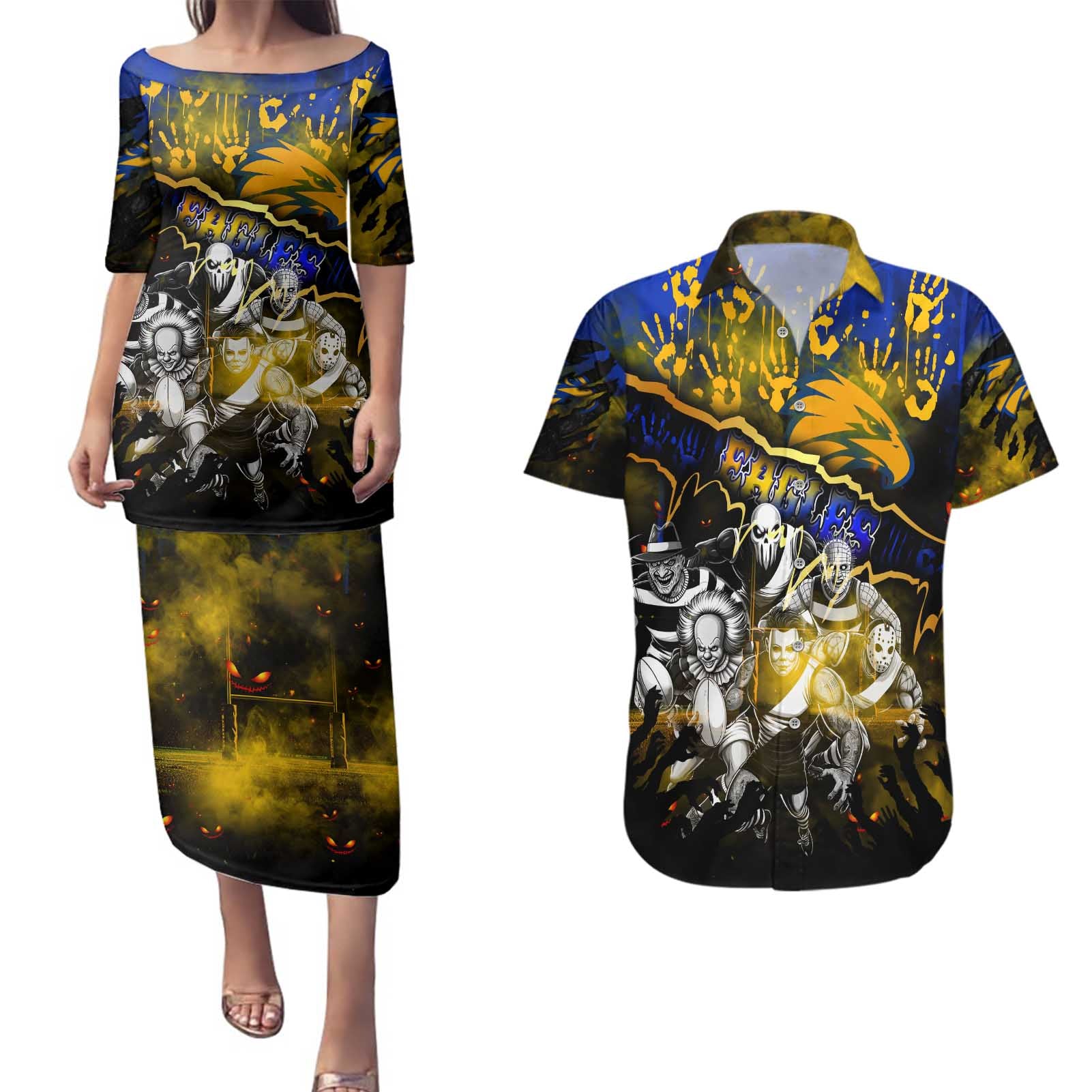 Step Into Horror Domain Eagles Football Couples Matching Puletasi and Hawaiian Shirt Halloween Horror Movie Characters - Aussie Hoodie