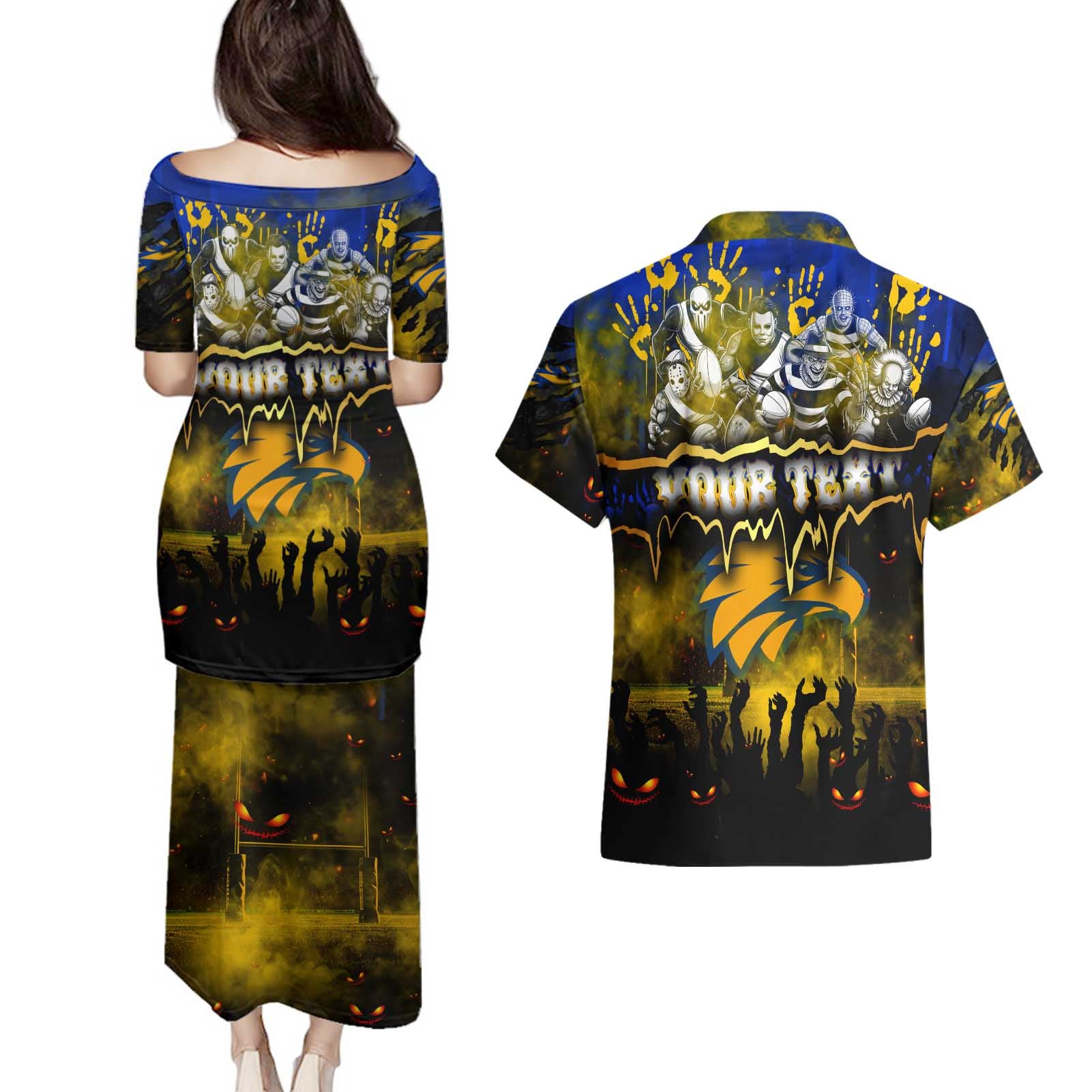 Step Into Horror Domain Eagles Football Couples Matching Puletasi and Hawaiian Shirt Halloween Horror Movie Characters - Aussie Hoodie