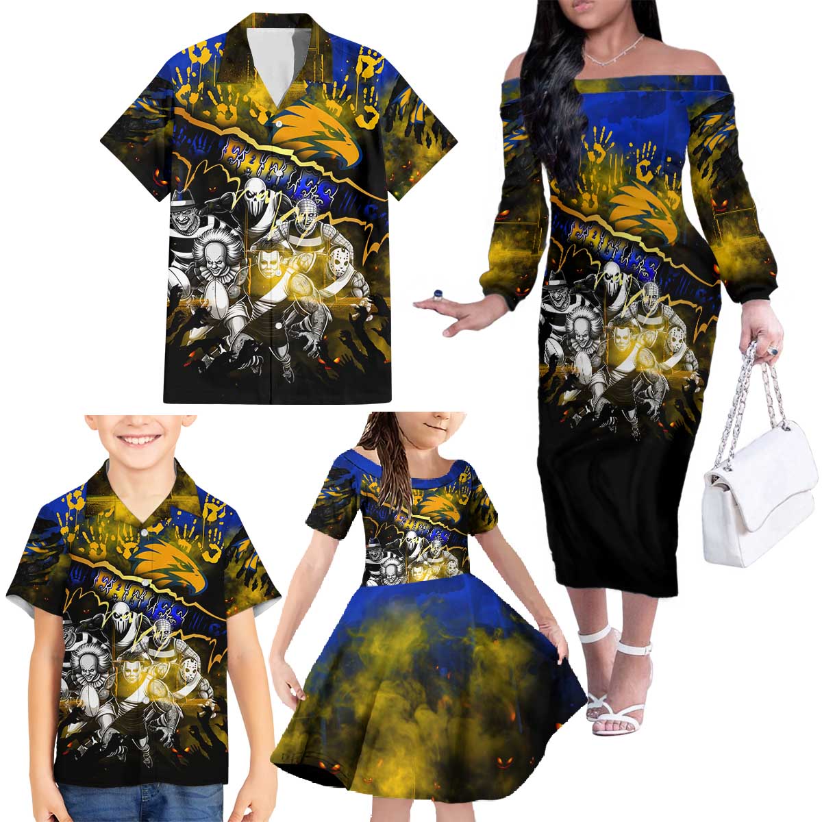 Step Into Horror Domain Eagles Football Family Matching Off The Shoulder Long Sleeve Dress and Hawaiian Shirt Halloween Horror Movie Characters - Aussie Hoodie