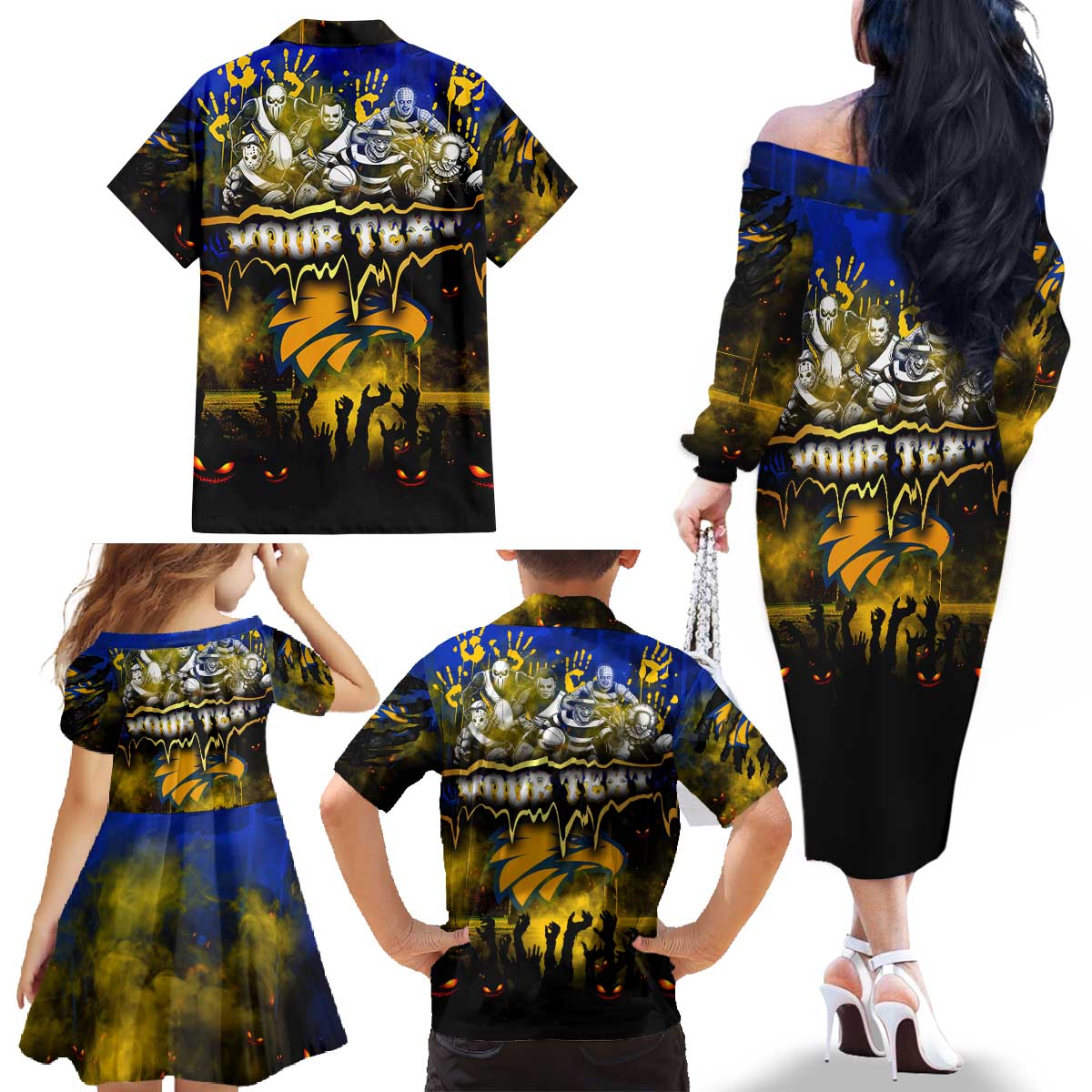 Step Into Horror Domain Eagles Football Family Matching Off The Shoulder Long Sleeve Dress and Hawaiian Shirt Halloween Horror Movie Characters - Aussie Hoodie