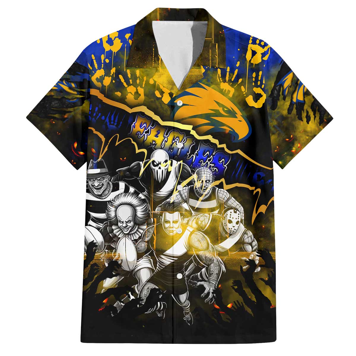 Step Into Horror Domain Eagles Football Family Matching Off The Shoulder Long Sleeve Dress and Hawaiian Shirt Halloween Horror Movie Characters - Aussie Hoodie