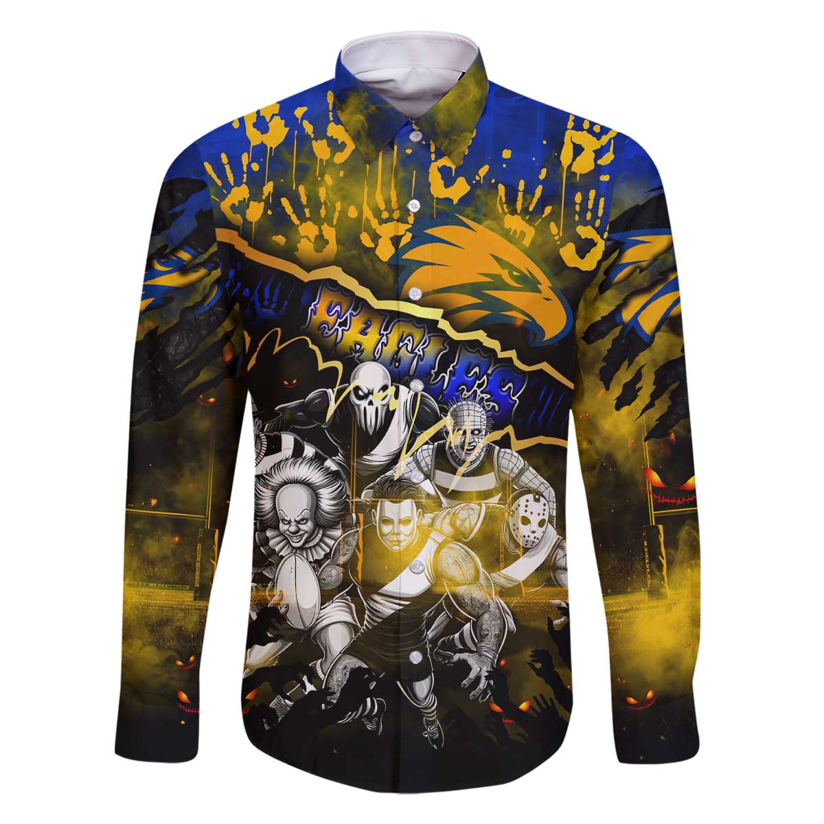 Step Into Horror Domain Eagles Football Family Matching Off The Shoulder Long Sleeve Dress and Hawaiian Shirt Halloween Horror Movie Characters - Aussie Hoodie