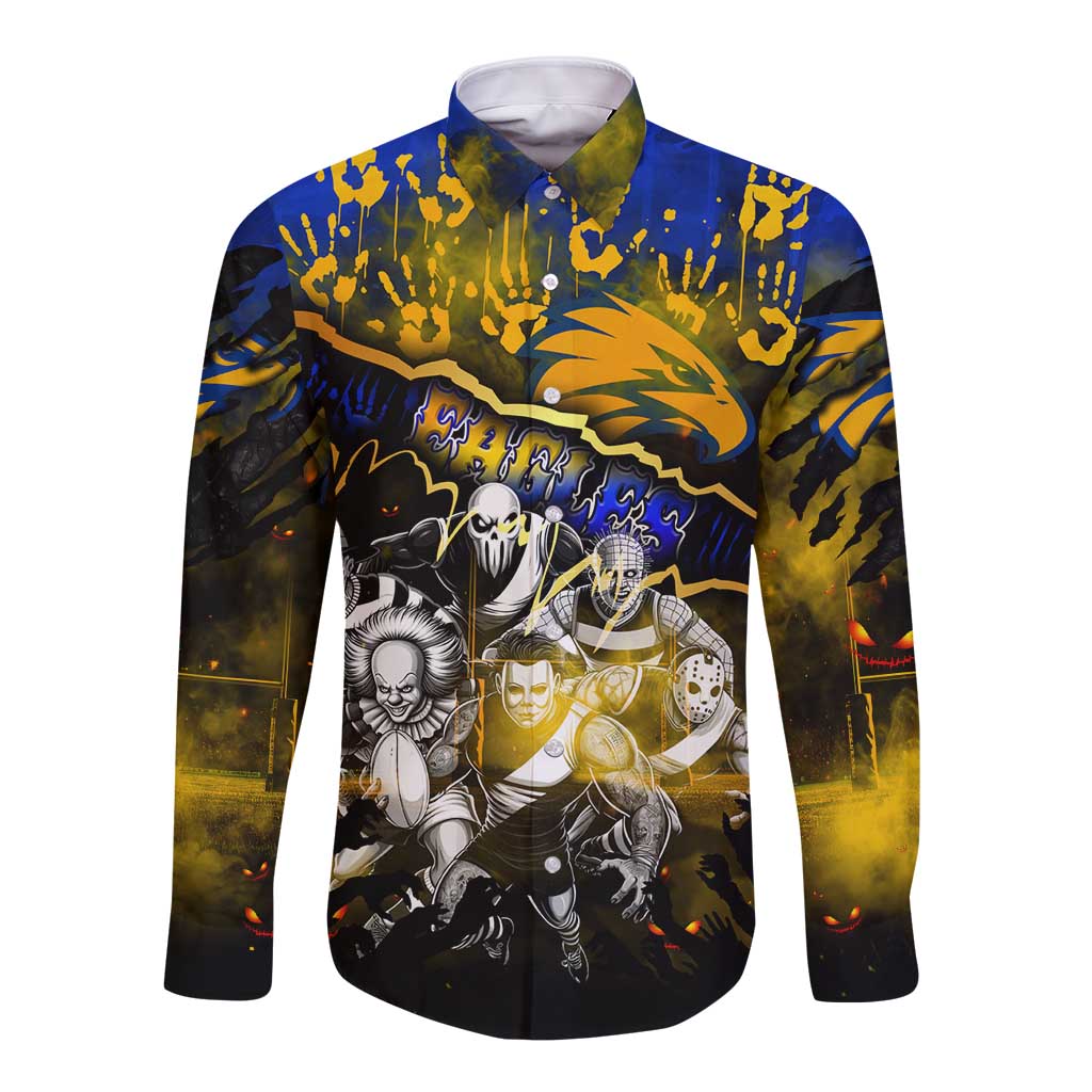 Step Into Horror Domain Eagles Football Long Sleeve Button Shirt Halloween Horror Movie Characters - Aussie Hoodie