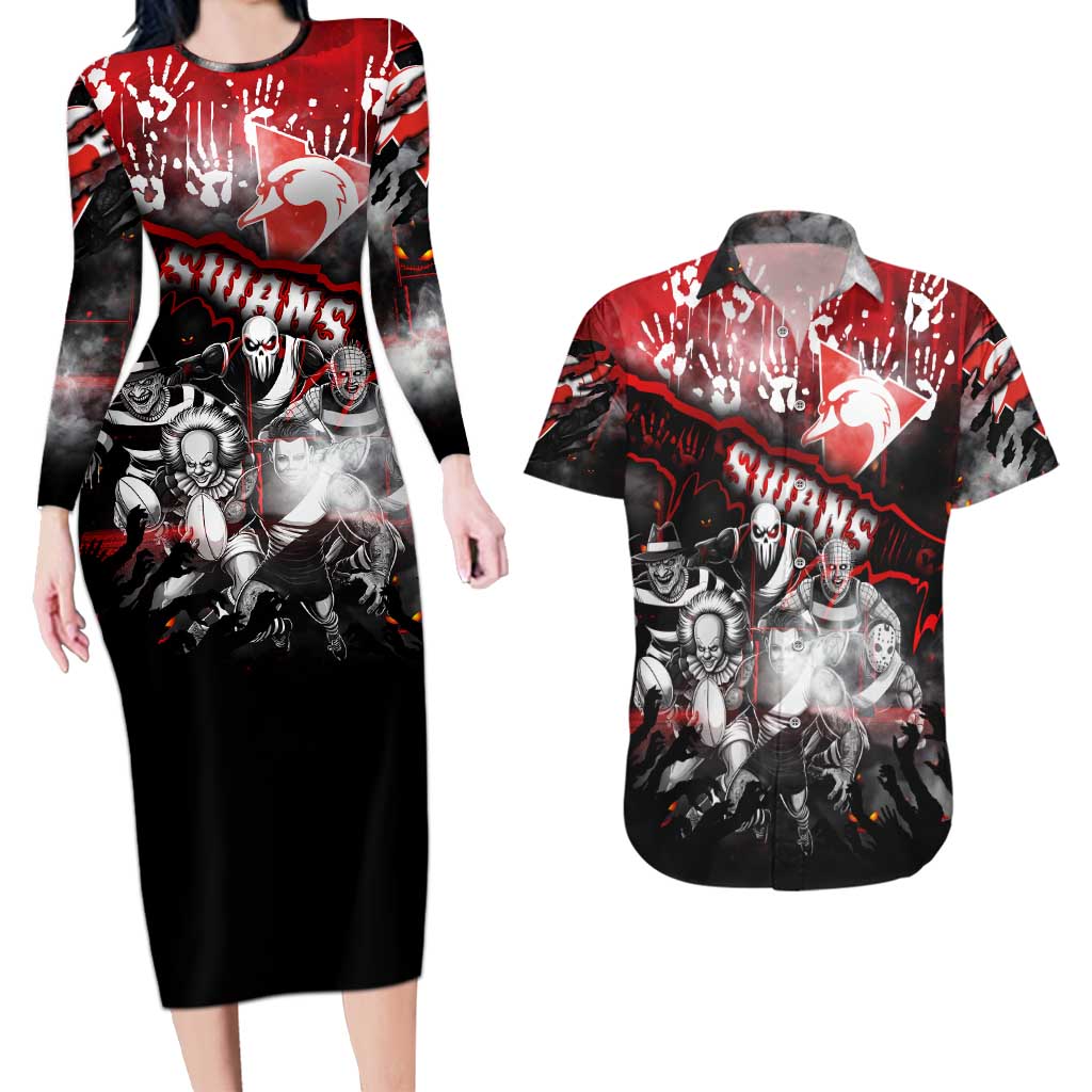 Step Into Horror Domain Swans Football Couples Matching Long Sleeve Bodycon Dress and Hawaiian Shirt Halloween Horror Movie Characters - Aussie Hoodie