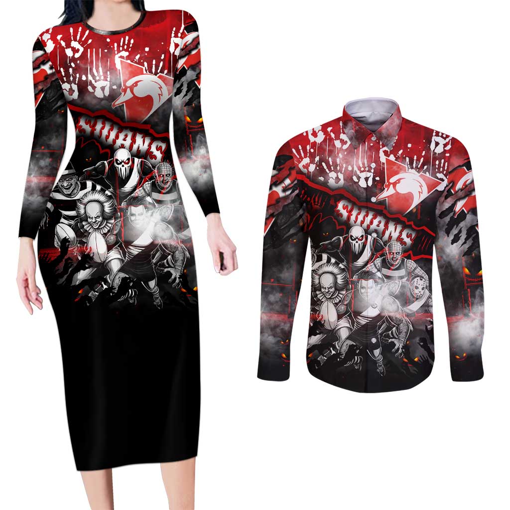 Step Into Horror Domain Swans Football Couples Matching Long Sleeve Bodycon Dress and Long Sleeve Button Shirt Halloween Horror Movie Characters - Aussie Hoodie