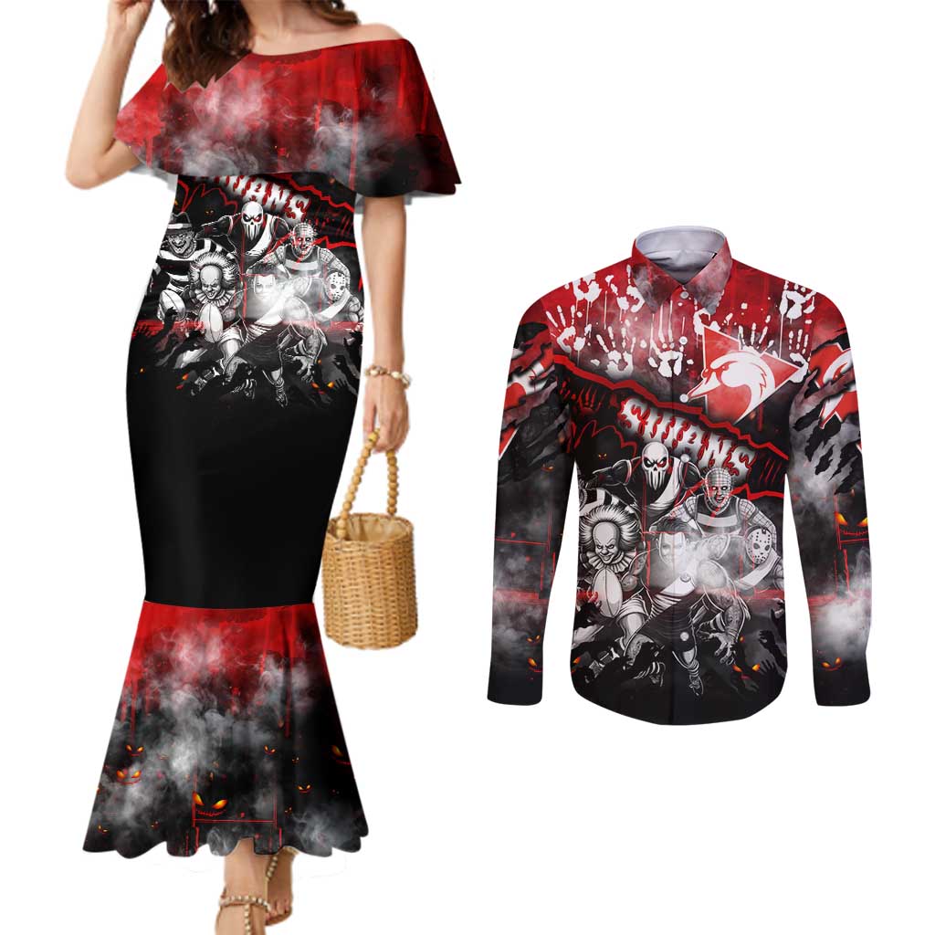 Step Into Horror Domain Swans Football Couples Matching Mermaid Dress and Long Sleeve Button Shirt Halloween Horror Movie Characters - Aussie Hoodie