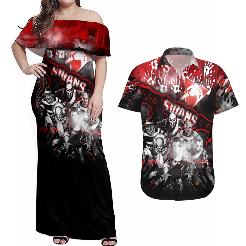 Step Into Horror Domain Swans Football Couples Matching Off Shoulder Maxi Dress and Hawaiian Shirt Halloween Horror Movie Characters - Aussie Hoodie