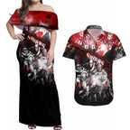 Step Into Horror Domain Swans Football Couples Matching Off Shoulder Maxi Dress and Hawaiian Shirt Halloween Horror Movie Characters - Aussie Hoodie