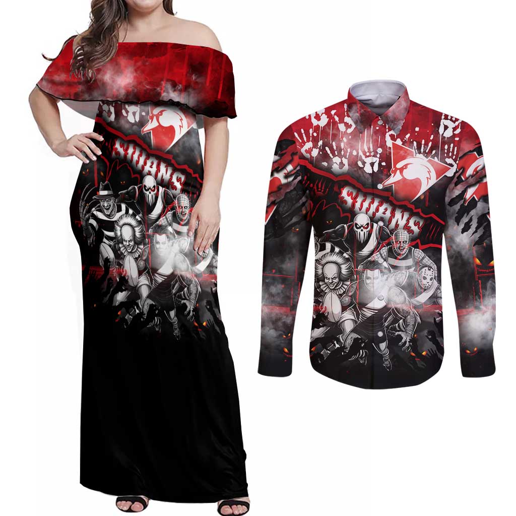 Step Into Horror Domain Swans Football Couples Matching Off Shoulder Maxi Dress and Long Sleeve Button Shirt Halloween Horror Movie Characters - Aussie Hoodie