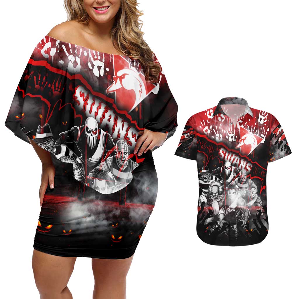 Step Into Horror Domain Swans Football Couples Matching Off Shoulder Short Dress and Hawaiian Shirt Halloween Horror Movie Characters - Aussie Hoodie