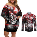 Step Into Horror Domain Swans Football Couples Matching Off Shoulder Short Dress and Long Sleeve Button Shirt Halloween Horror Movie Characters - Aussie Hoodie