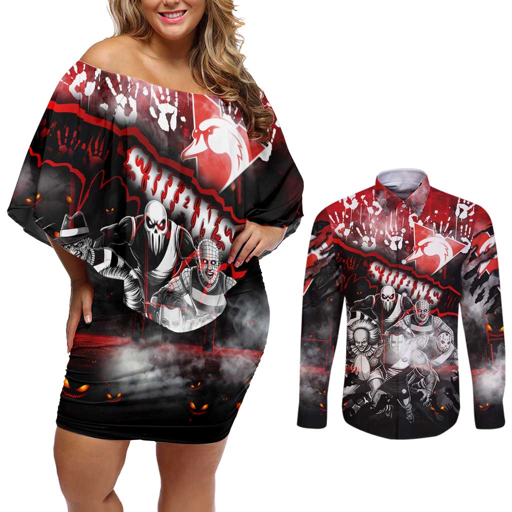 Step Into Horror Domain Swans Football Couples Matching Off Shoulder Short Dress and Long Sleeve Button Shirt Halloween Horror Movie Characters - Aussie Hoodie