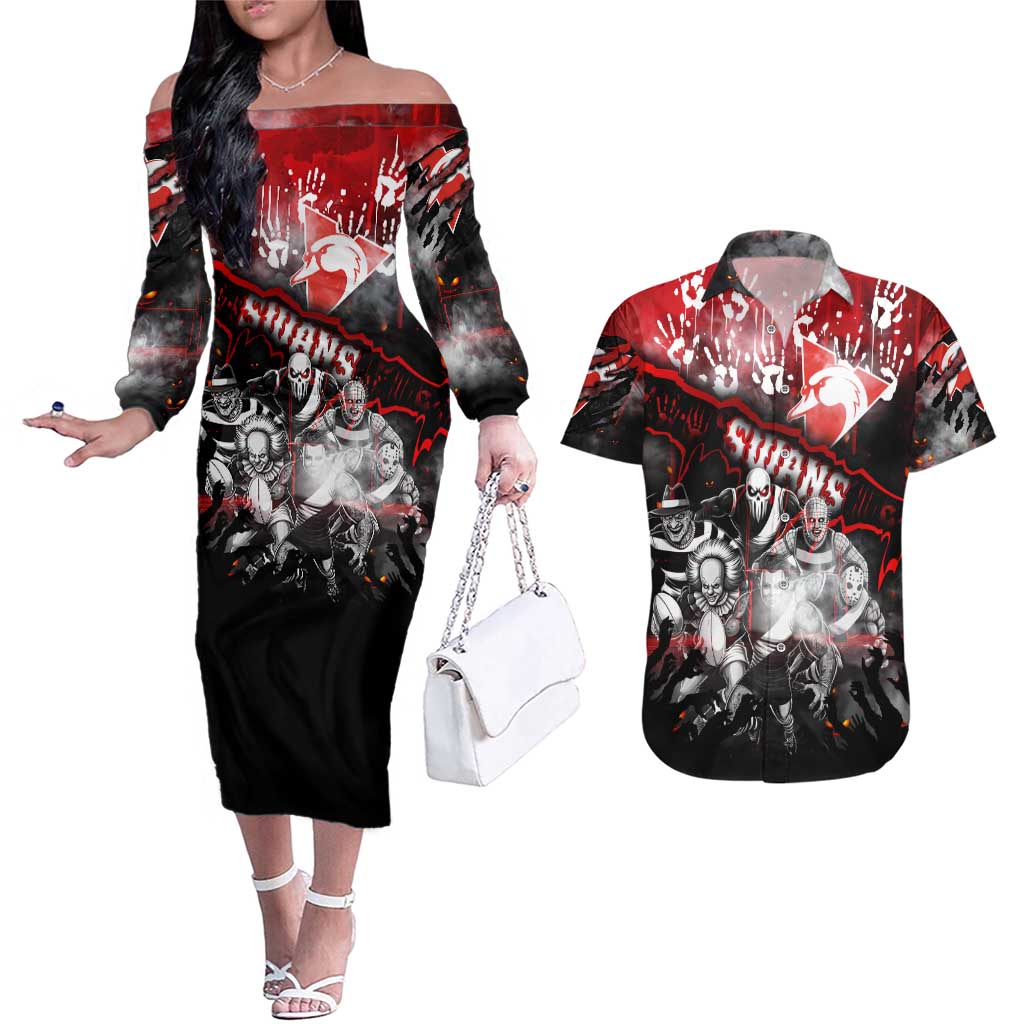 Step Into Horror Domain Swans Football Couples Matching Off The Shoulder Long Sleeve Dress and Hawaiian Shirt Halloween Horror Movie Characters - Aussie Hoodie