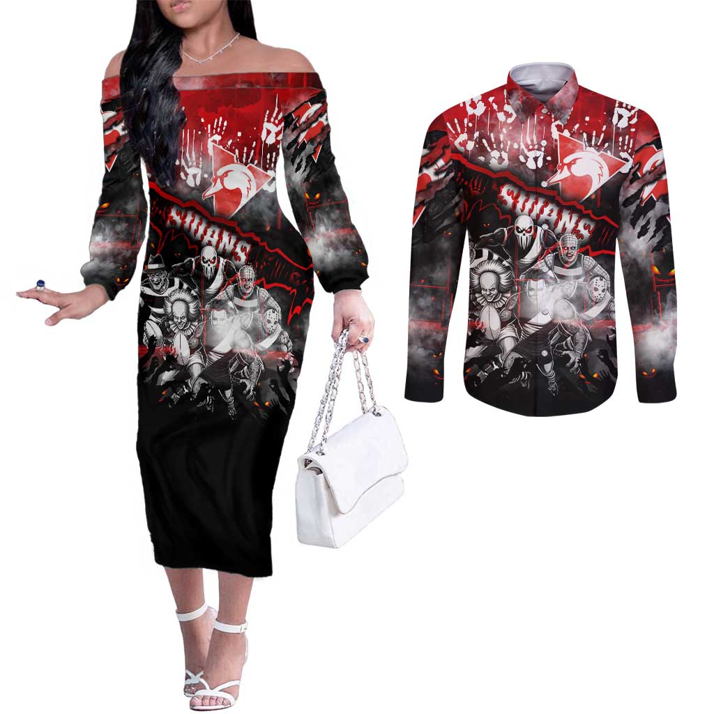 Step Into Horror Domain Swans Football Couples Matching Off The Shoulder Long Sleeve Dress and Long Sleeve Button Shirt Halloween Horror Movie Characters - Aussie Hoodie