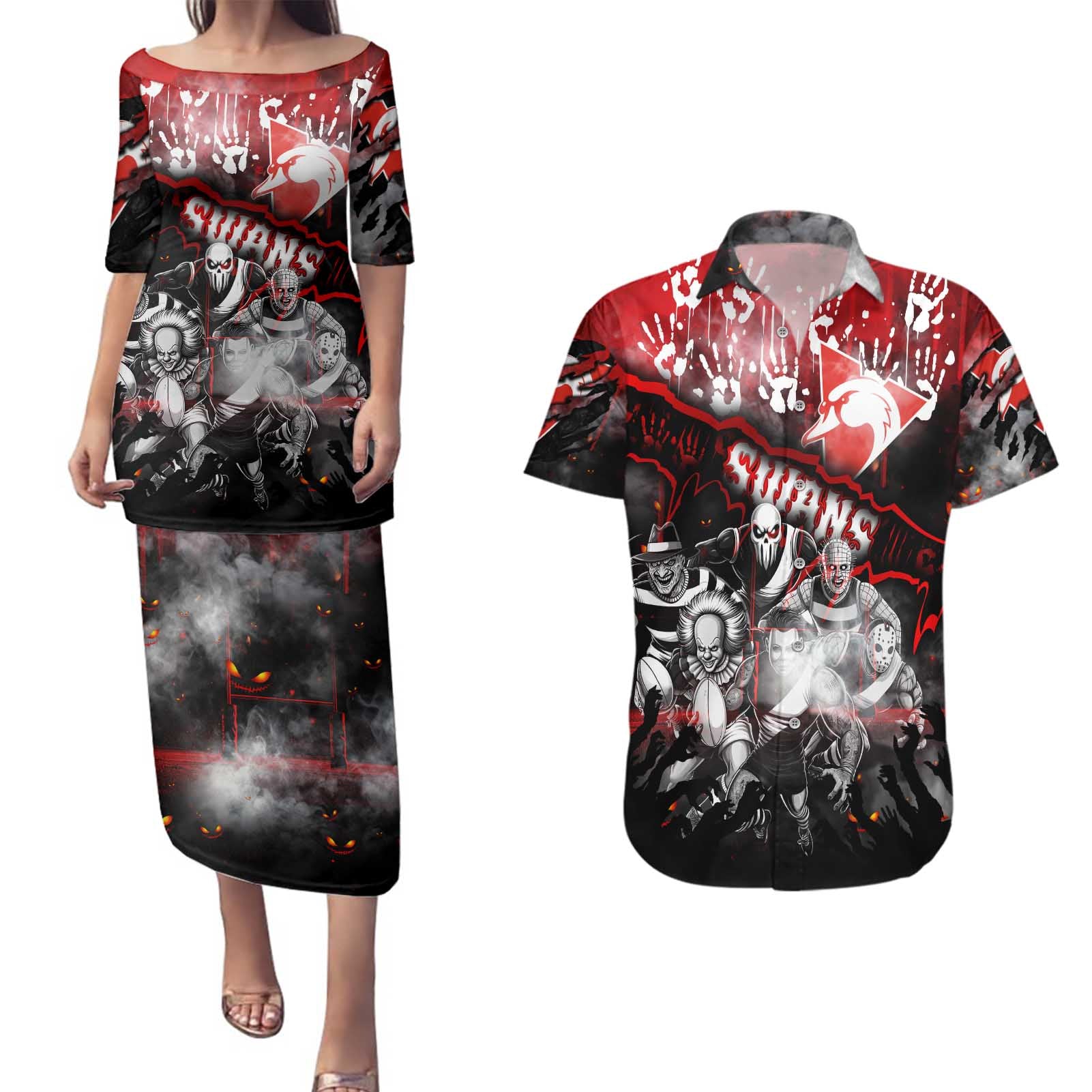 Step Into Horror Domain Swans Football Couples Matching Puletasi and Hawaiian Shirt Halloween Horror Movie Characters - Aussie Hoodie