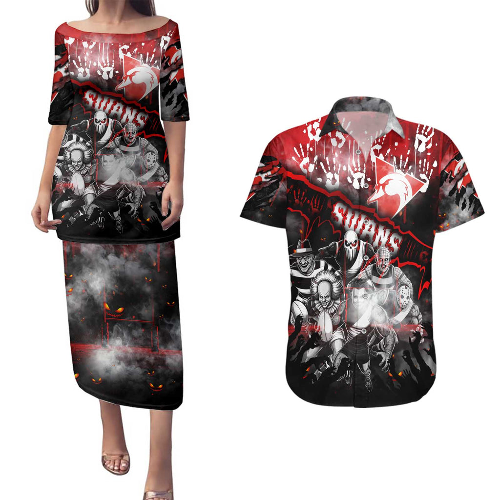 Step Into Horror Domain Swans Football Couples Matching Puletasi and Hawaiian Shirt Halloween Horror Movie Characters - Aussie Hoodie