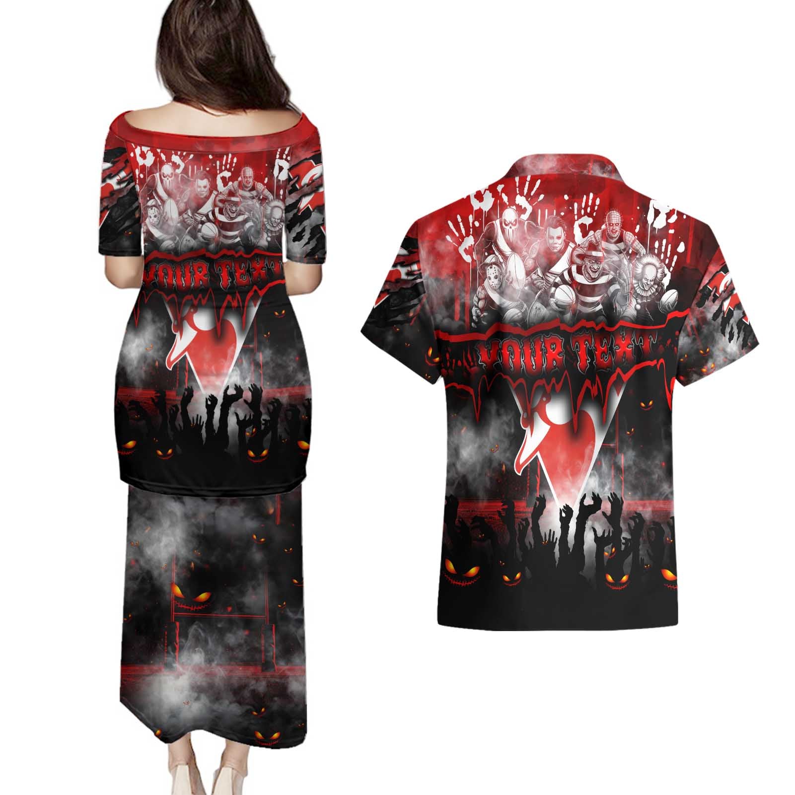 Step Into Horror Domain Swans Football Couples Matching Puletasi and Hawaiian Shirt Halloween Horror Movie Characters - Aussie Hoodie