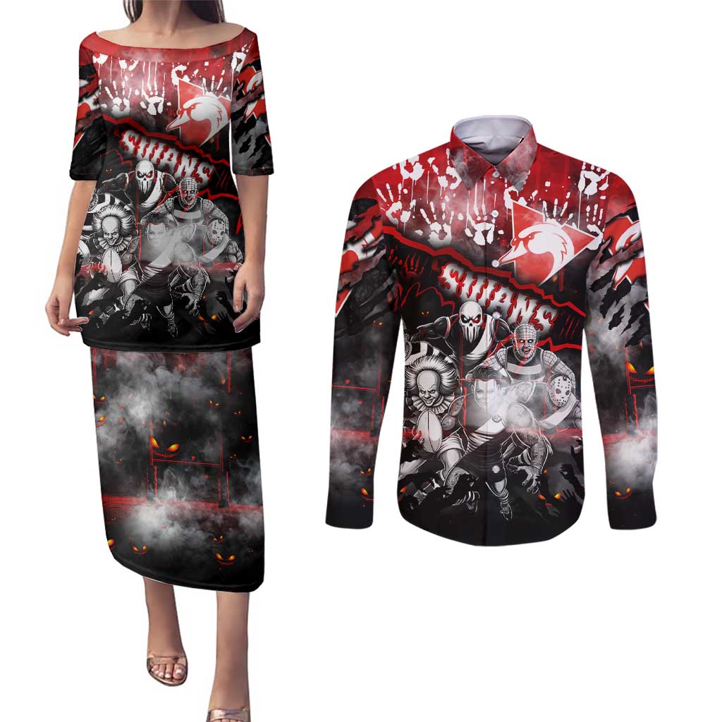 Step Into Horror Domain Swans Football Couples Matching Puletasi and Long Sleeve Button Shirt Halloween Horror Movie Characters - Aussie Hoodie