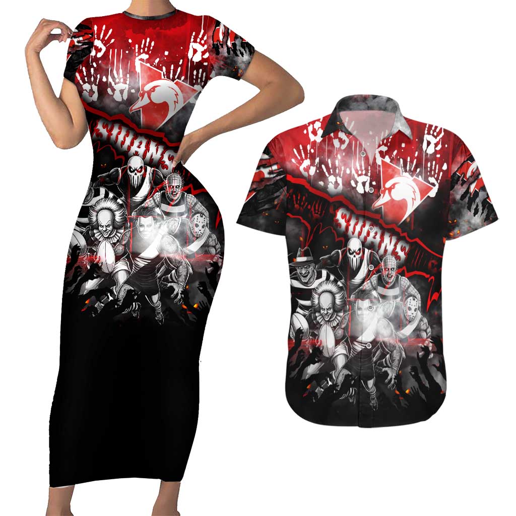 Step Into Horror Domain Swans Football Couples Matching Short Sleeve Bodycon Dress and Hawaiian Shirt Halloween Horror Movie Characters - Aussie Hoodie