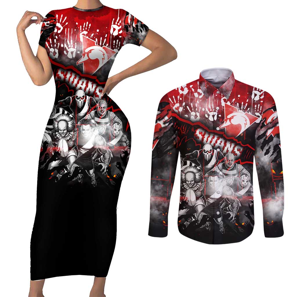Step Into Horror Domain Swans Football Couples Matching Short Sleeve Bodycon Dress and Long Sleeve Button Shirt Halloween Horror Movie Characters - Aussie Hoodie