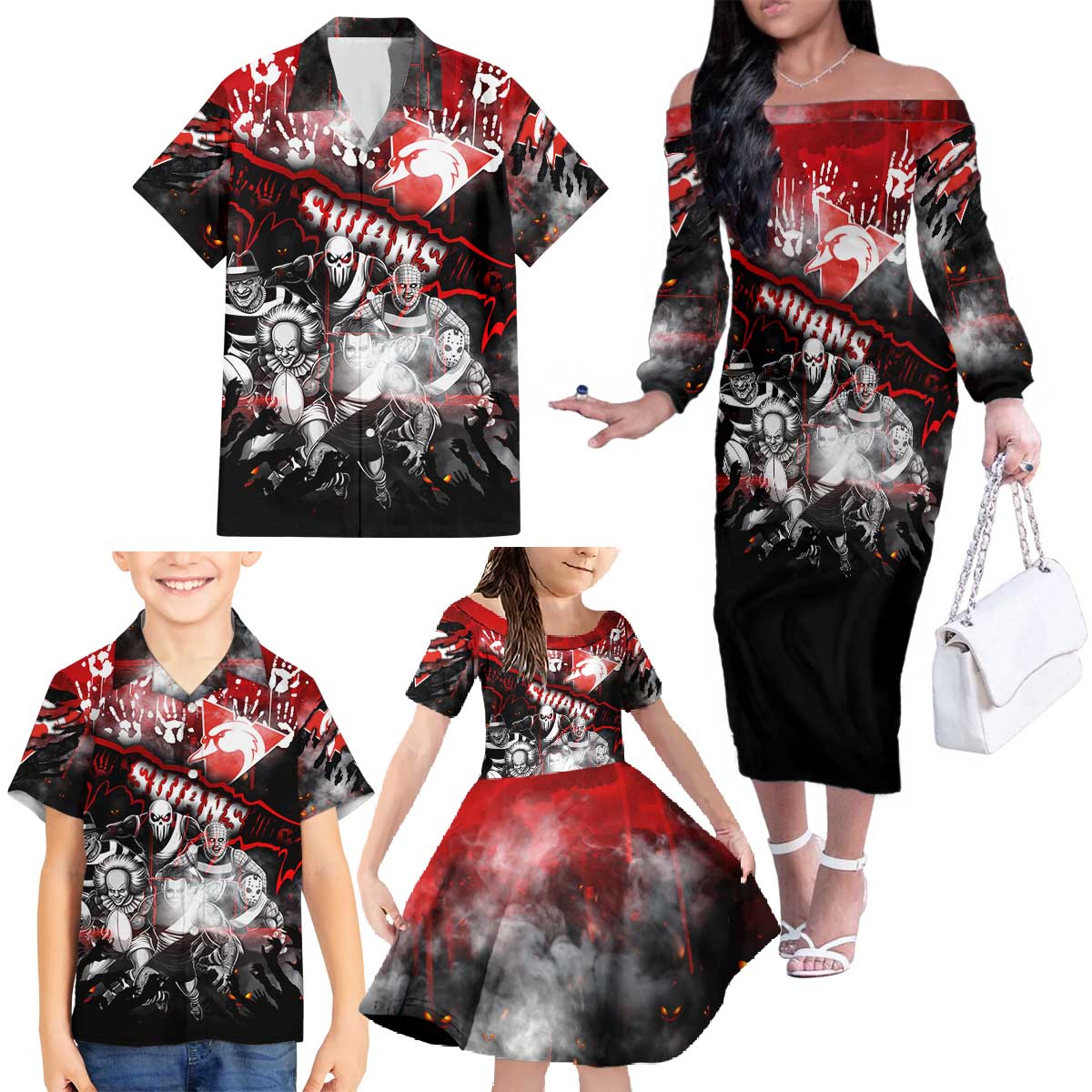 Step Into Horror Domain Swans Football Family Matching Off The Shoulder Long Sleeve Dress and Hawaiian Shirt Halloween Horror Movie Characters - Aussie Hoodie