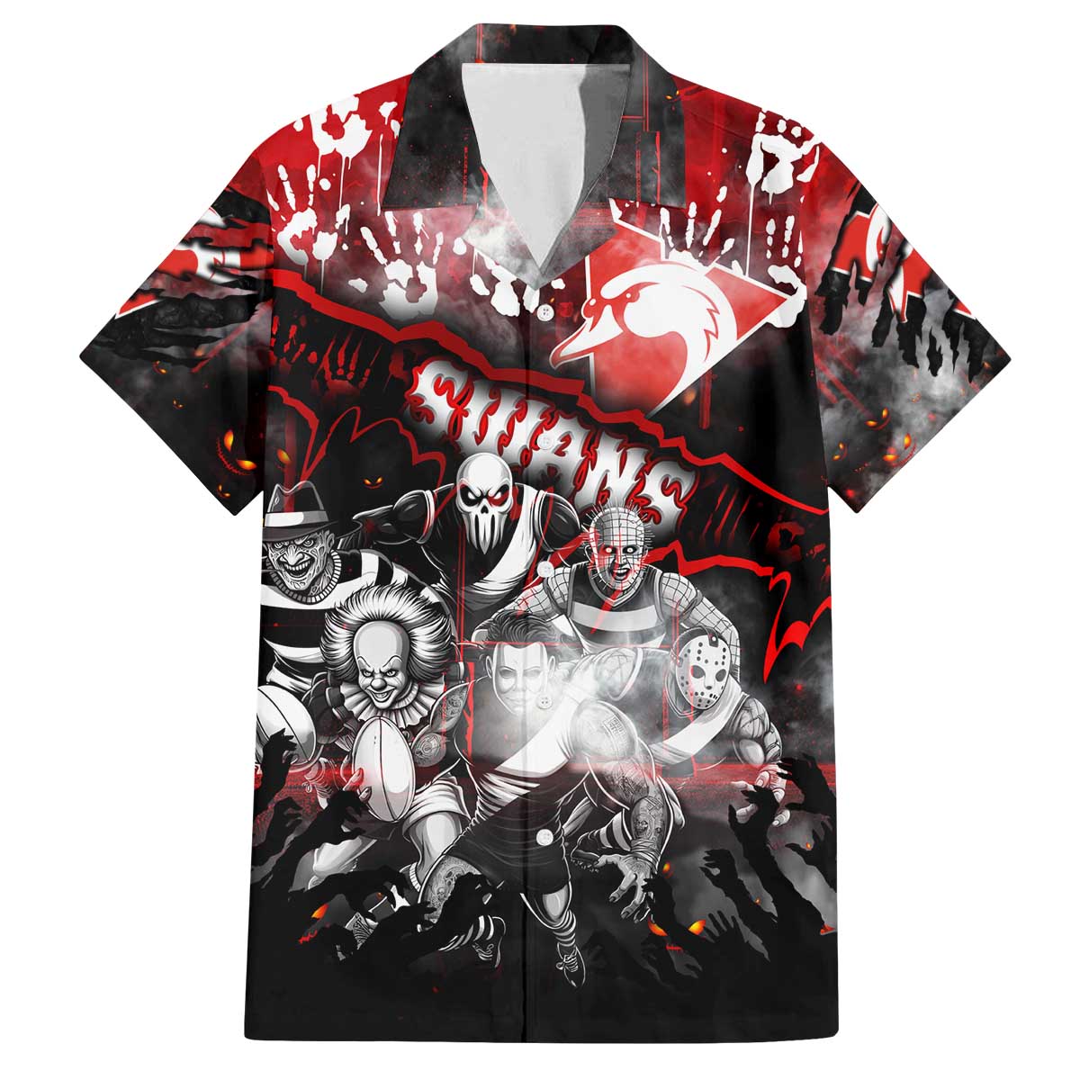 Step Into Horror Domain Swans Football Family Matching Off The Shoulder Long Sleeve Dress and Hawaiian Shirt Halloween Horror Movie Characters - Aussie Hoodie