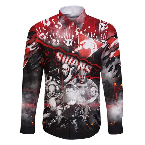 Step Into Horror Domain Swans Football Family Matching Off The Shoulder Long Sleeve Dress and Hawaiian Shirt Halloween Horror Movie Characters - Aussie Hoodie