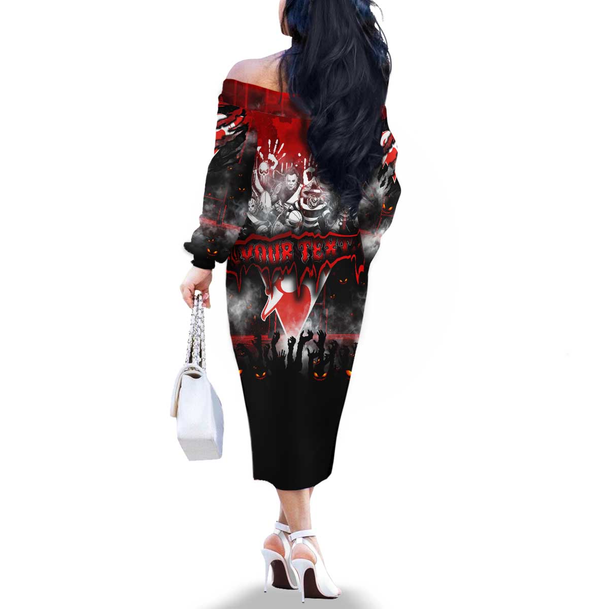 Step Into Horror Domain Swans Football Family Matching Off The Shoulder Long Sleeve Dress and Hawaiian Shirt Halloween Horror Movie Characters - Aussie Hoodie