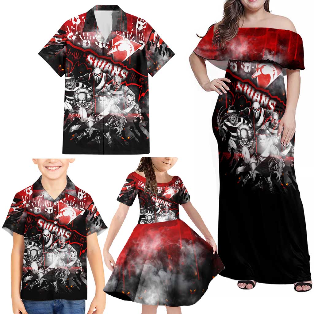 Step Into Horror Domain Swans Football Family Matching Off Shoulder Maxi Dress and Hawaiian Shirt Halloween Horror Movie Characters - Aussie Hoodie