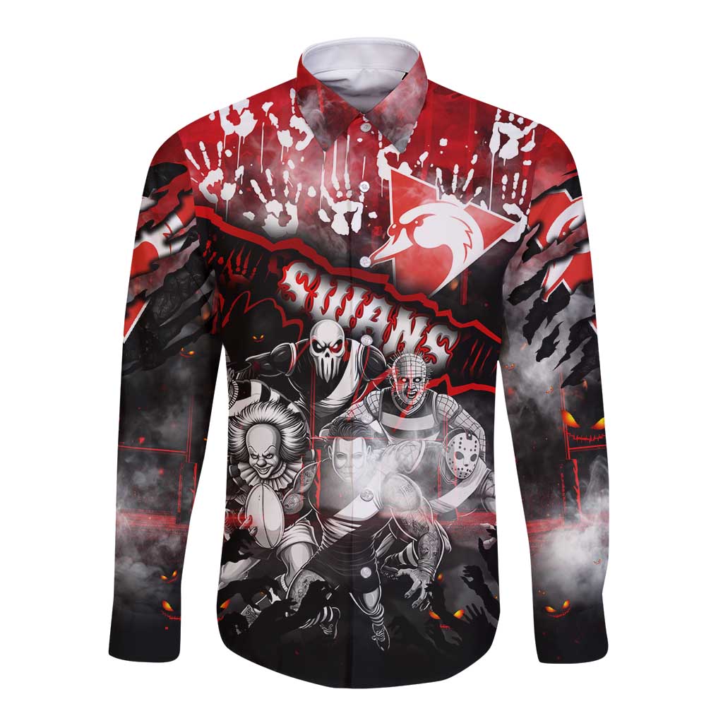 Step Into Horror Domain Swans Football Long Sleeve Button Shirt Halloween Horror Movie Characters - Aussie Hoodie