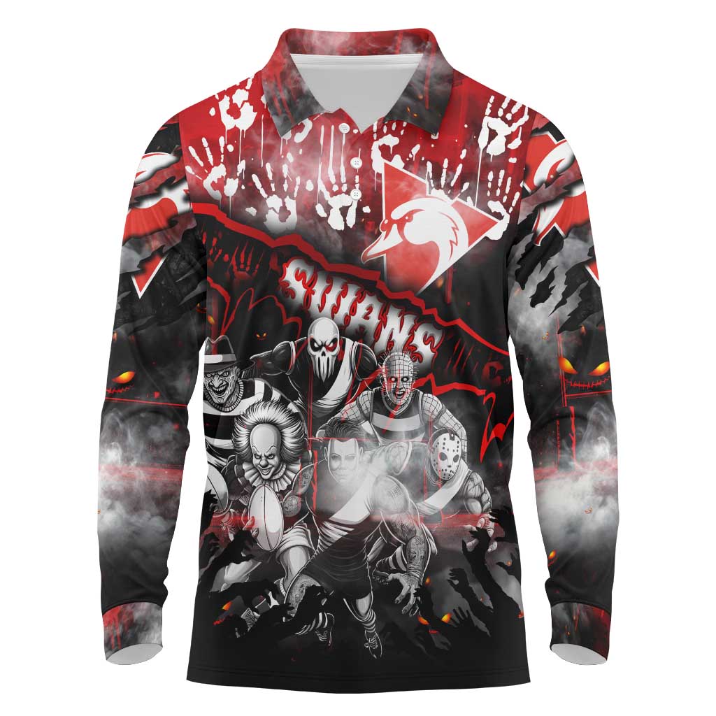 Step Into Horror Domain Swans Football Long Sleeve Polo Shirt Halloween Horror Movie Characters - Aussie Hoodie
