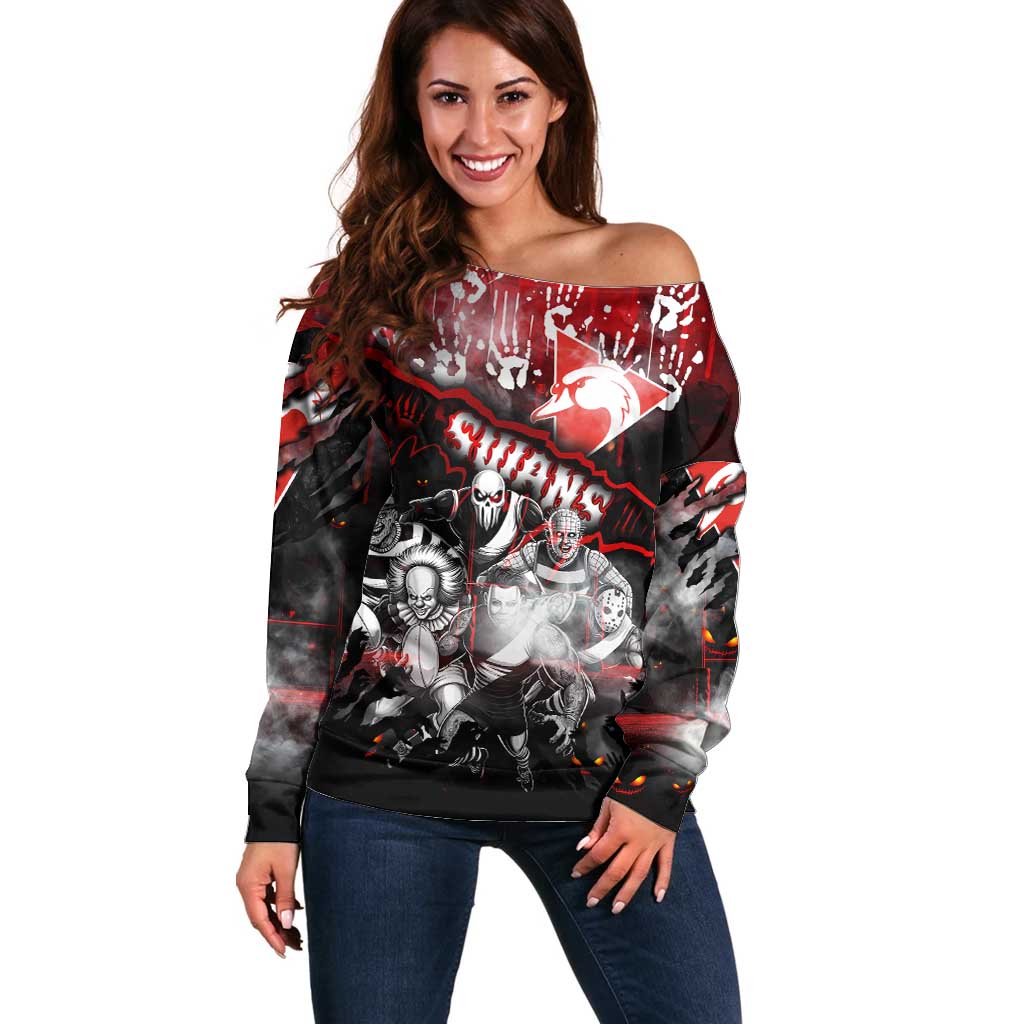 Step Into Horror Domain Swans Football Off Shoulder Sweater Halloween Horror Movie Characters - Aussie Hoodie