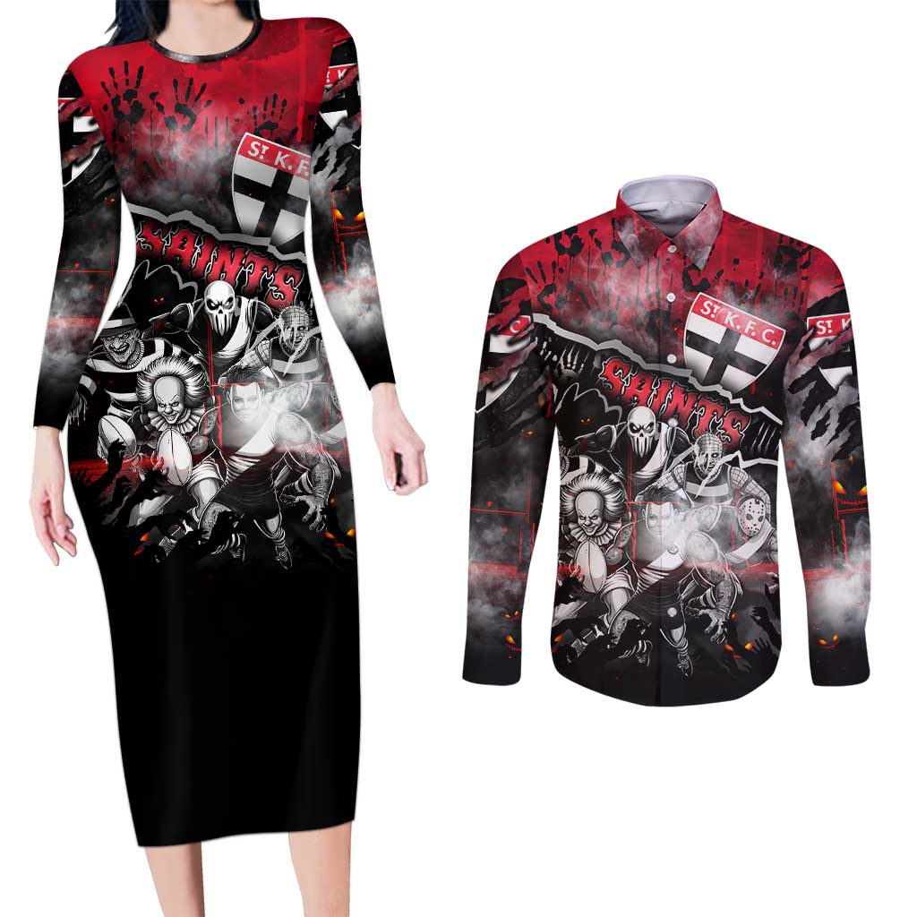 Step Into Horror Domain Saints Football Couples Matching Long Sleeve Bodycon Dress and Long Sleeve Button Shirt Halloween Horror Movie Characters - Aussie Hoodie