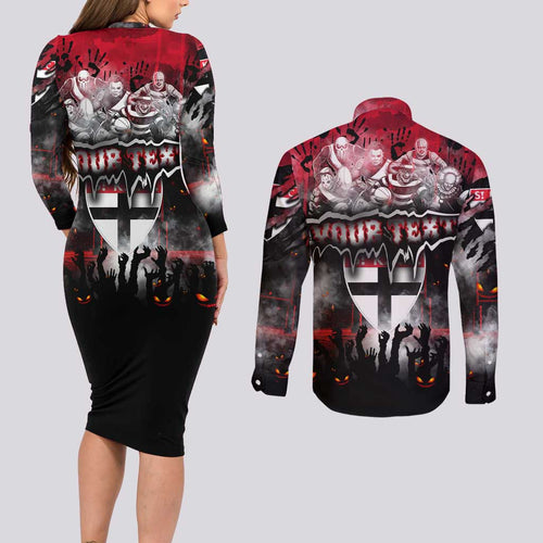 Step Into Horror Domain Saints Football Couples Matching Long Sleeve Bodycon Dress and Long Sleeve Button Shirt Halloween Horror Movie Characters - Aussie Hoodie