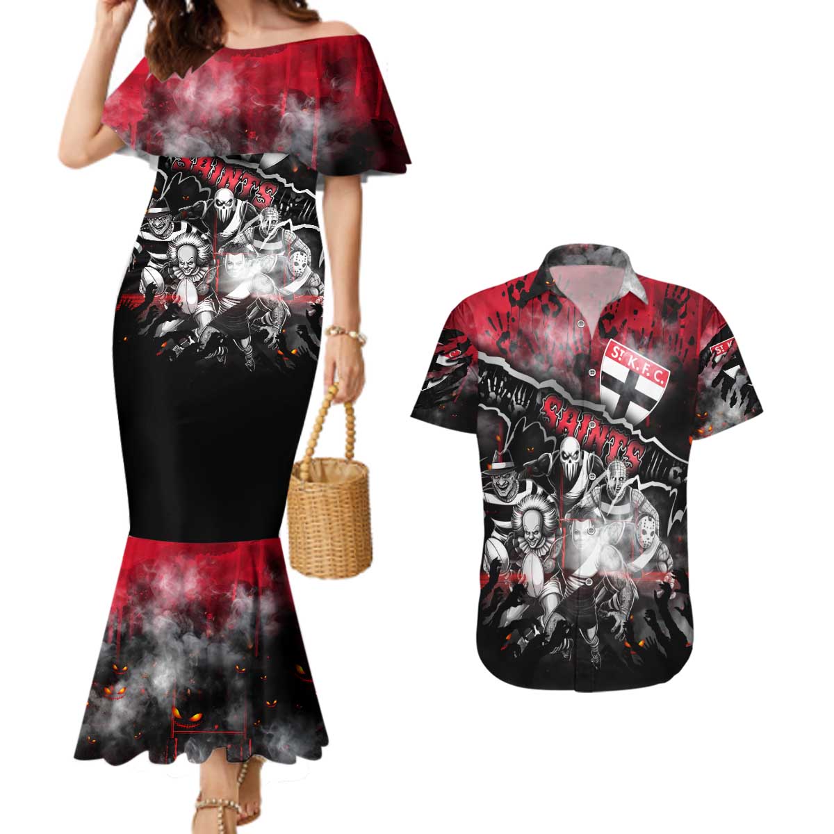 Step Into Horror Domain Saints Football Couples Matching Mermaid Dress and Hawaiian Shirt Halloween Horror Movie Characters - Aussie Hoodie