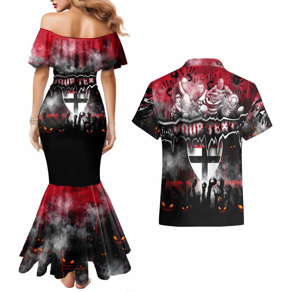 Step Into Horror Domain Saints Football Couples Matching Mermaid Dress and Hawaiian Shirt Halloween Horror Movie Characters - Aussie Hoodie