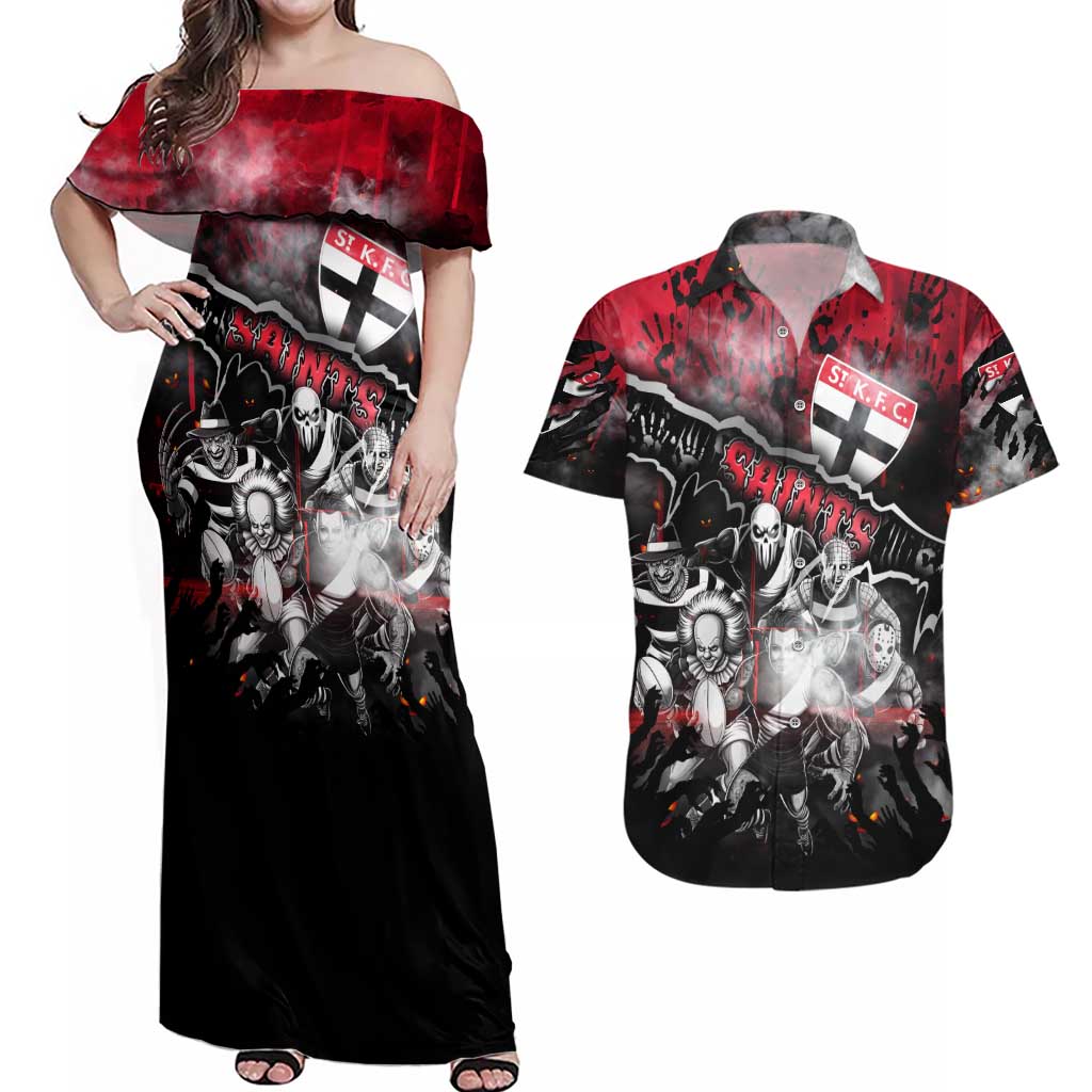 Step Into Horror Domain Saints Football Couples Matching Off Shoulder Maxi Dress and Hawaiian Shirt Halloween Horror Movie Characters - Aussie Hoodie