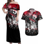 Step Into Horror Domain Saints Football Couples Matching Off Shoulder Maxi Dress and Hawaiian Shirt Halloween Horror Movie Characters - Aussie Hoodie