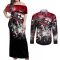 Step Into Horror Domain Saints Football Couples Matching Off Shoulder Maxi Dress and Long Sleeve Button Shirt Halloween Horror Movie Characters - Aussie Hoodie
