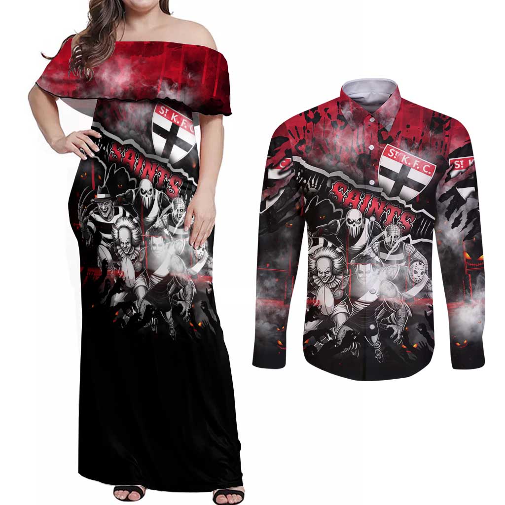 Step Into Horror Domain Saints Football Couples Matching Off Shoulder Maxi Dress and Long Sleeve Button Shirt Halloween Horror Movie Characters - Aussie Hoodie
